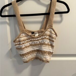 H&M Tan and White Ribbed Sleeveless Crop Top